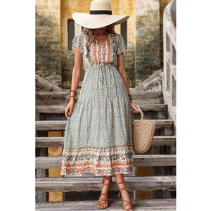 Bohemian Decorative Button Flutter Sleeve Dress